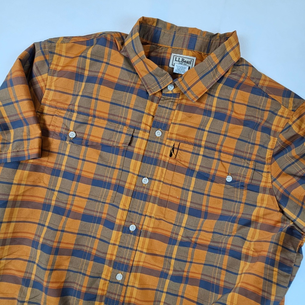 LL Bean Mens Large Short Sleeve Plaid Fishing Hiking Shirt Orange Blue
